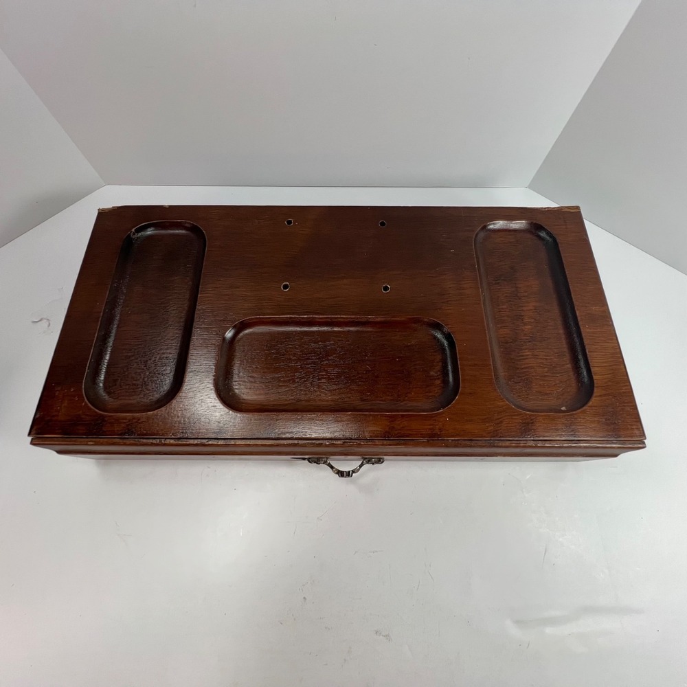 Vintage wood valet jewelry box with drawer ornate handle sunken depressions top - Picture 3 of 13